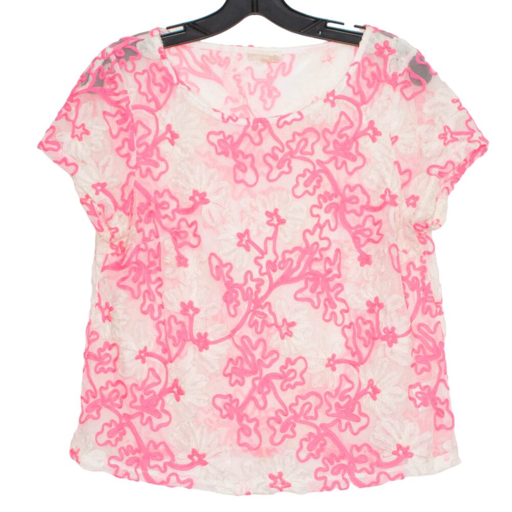 Anthropologie Meadow Rue Floral Embroidered Mesh Sheer Top Pink S Cottagecore